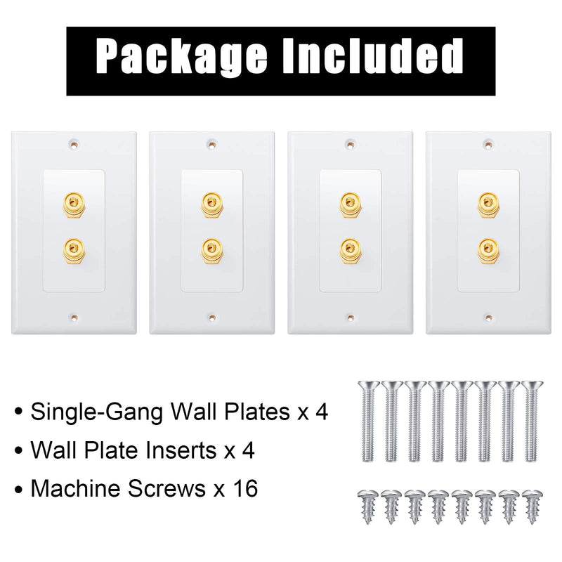 4 Pack Single Gang 1.0 Speaker Wire Wall Plate (Banana Plug Wall Plate) for 1 Speaker, White