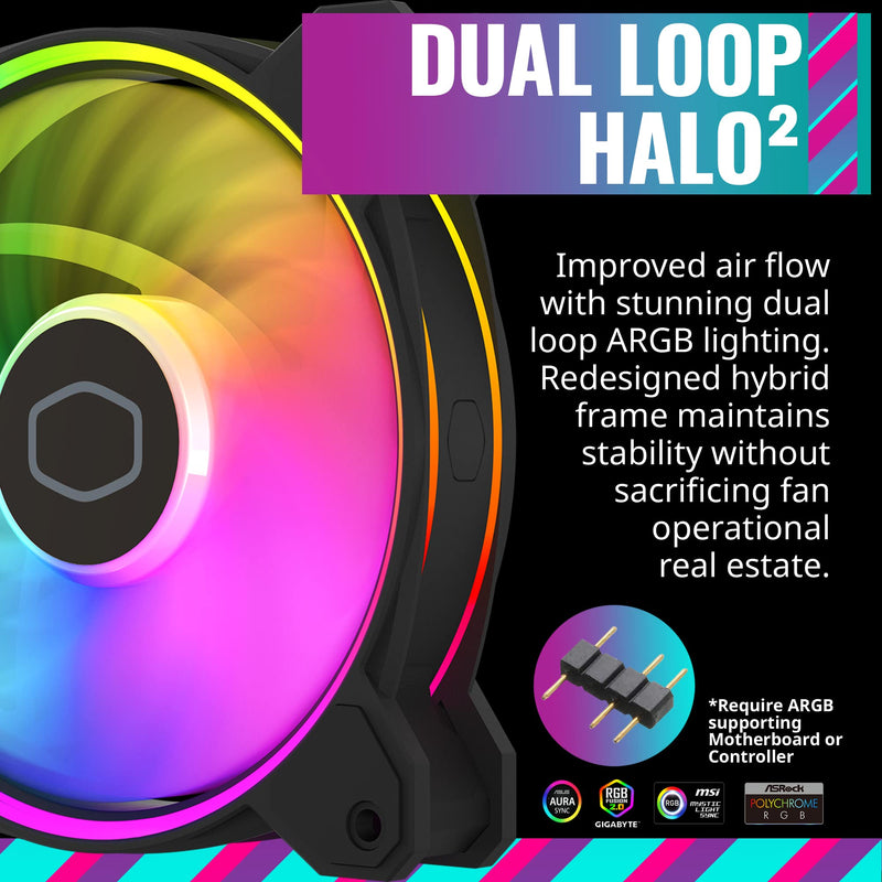 Cooler Master MasterFan MF140 Halo² Fan, Duo-Ring ARGB Gen 2 LED Rings, 120mm 1600rpm Dynamic PWM, Enlarged Fan Blades, Hybrid Frame for PC Case, Liquid and Air Cooler (MFL-B4DN-16NP2-R2),Black Black 140mm ARGB Halo²
