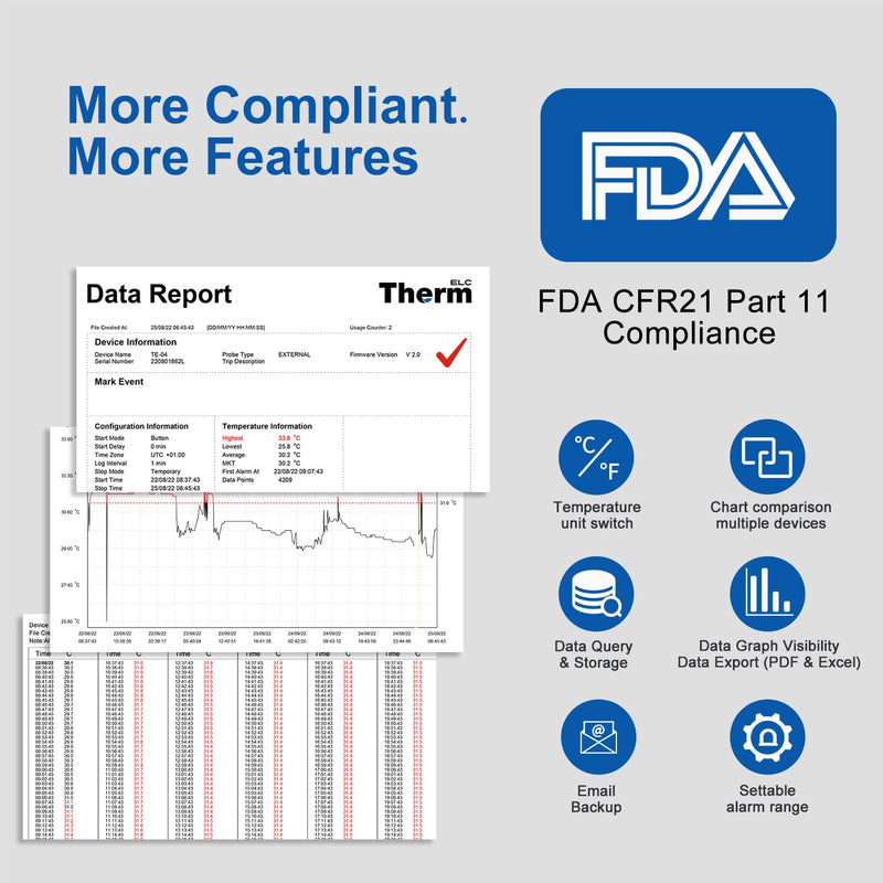 ThermElc TE-02Pro-H data logger temperature humidity automatic CSV and PDF reports, comparison of data, monitoring of cold and deep-freeze storage with calibration certificate temperature logger 1