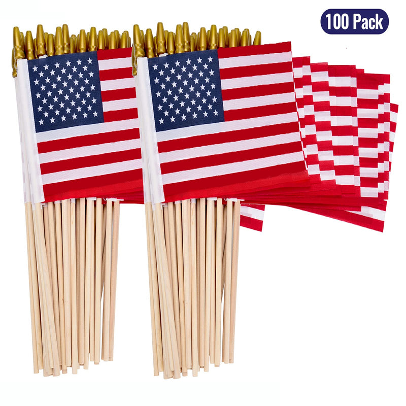 Pack of 100, 4x6 Inch American Flags Handheld Small Flags on The Wooden Stick,with Kid-Safe Spear Top,Perfect for Parades, Decoration, Veteran Party, etc 100 PCS