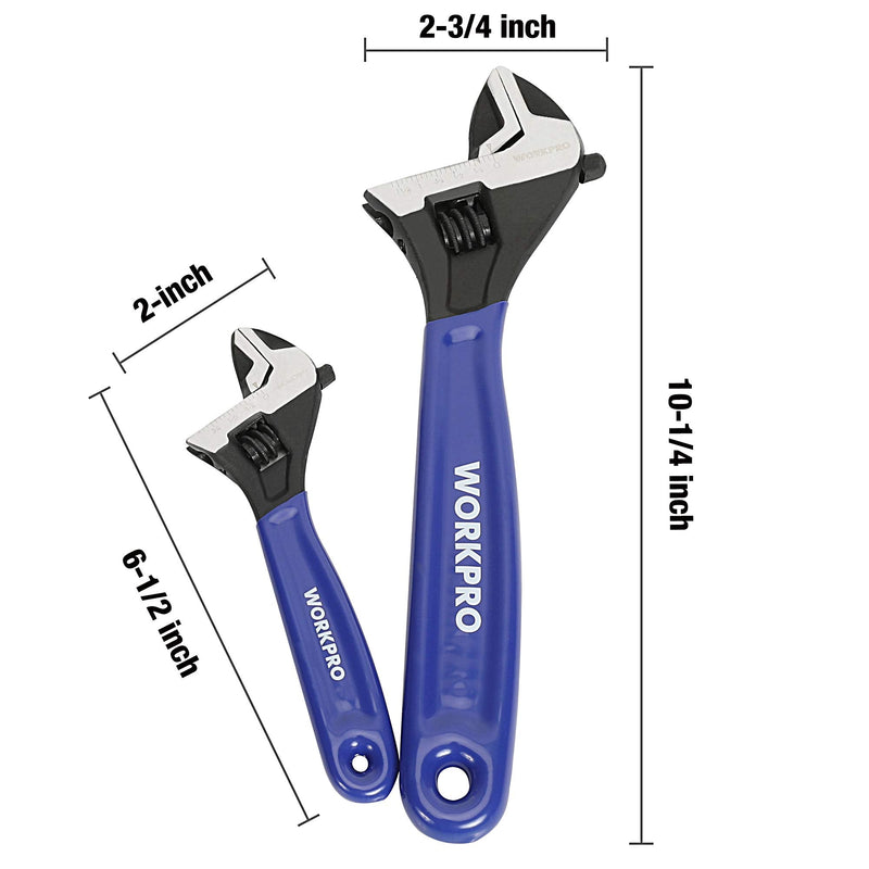 WORKPRO 2-piece Adjustable Wrench Set, 6-Inch & 10-Inch, Extra-Wide Jaw Black Oxide Wrench, Metric & SAE Scales, for Home, Garage, Workshop and DIY