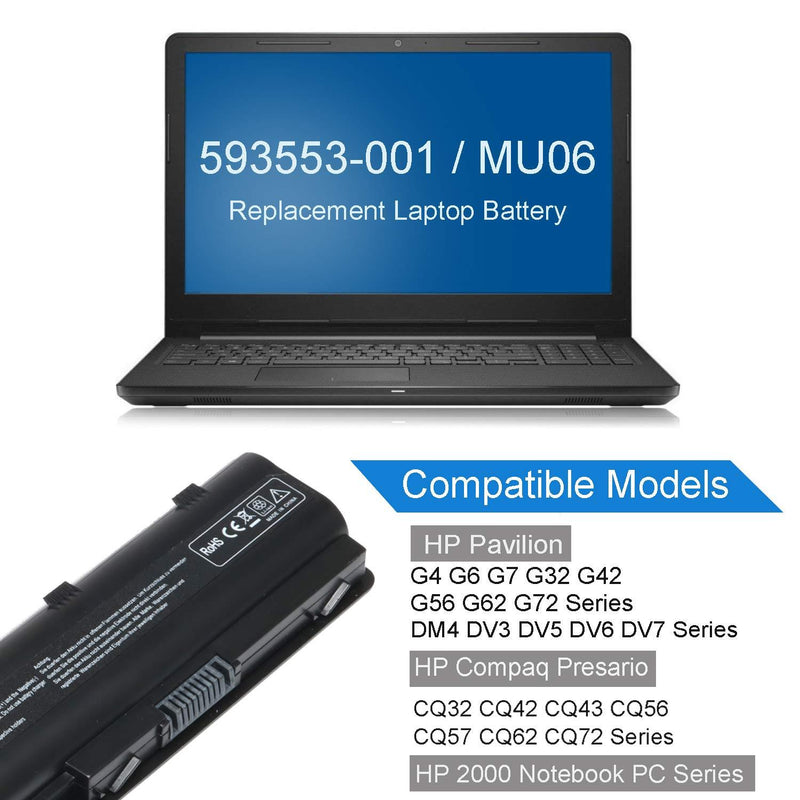 593553-001 593554-001 MU06 MU09 Extended Laptop Battery for HP Pavilion G6 G7 G62 G72 G4 / 2000 Notebook PC / DV6 DV7 DM4 / Compaq Presario CQ32 CQ42 CQ43 CQ56 CQ57 CQ62 CQ72[10.8V 5200mAh 6Cell]