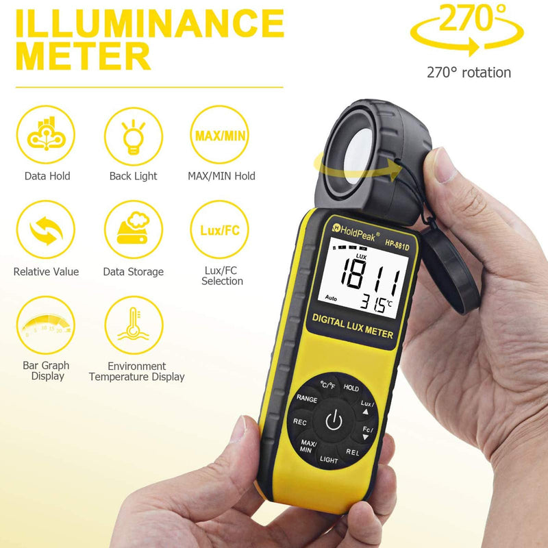 Light Meter HOLDPEAK HP-881D Digital Lux Meter 0.01-400,000 Lux /1-40,000 FC Measuring Ranges and 270° Rotatable Detector for LED Lights and Plants Lumen Meter Y-HP-881D(0.01-400,000 Lux /1-40,000 FC)