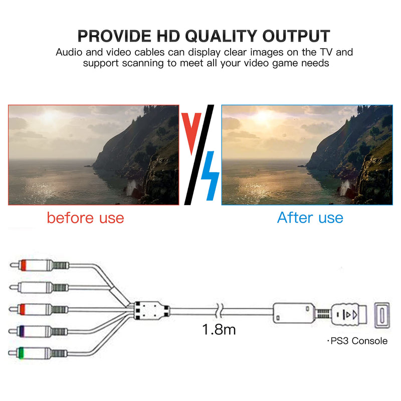 6Ft Component HD AV Cable for PS2/PS3/PS3 Slim, HDTV-EDTV (High Definition 480p) Compatible with PS2/PS3/PS3 Slim 5-Wire