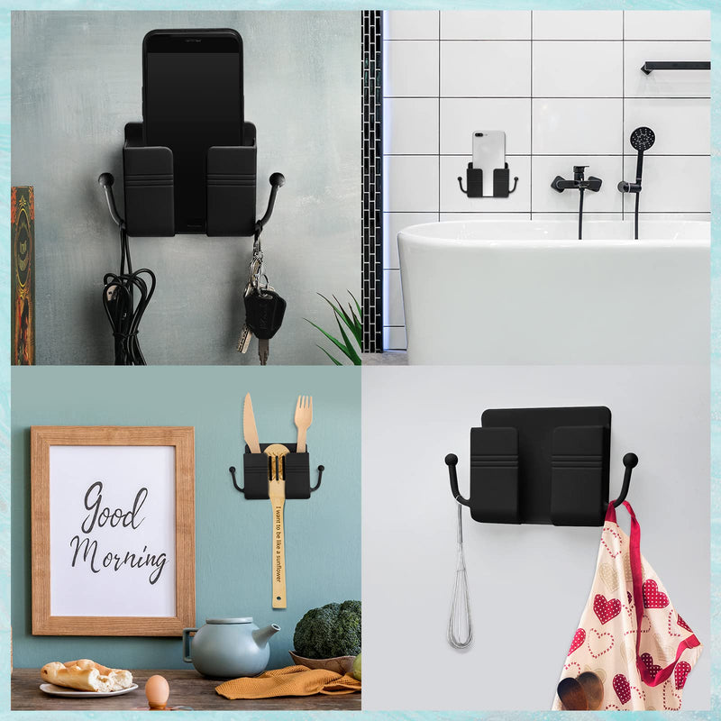 6 Pieces Wall Mount Phone Holder Self-Adhesive Wall Beside Organizer Storage Box Plastic Charging Phone Stand Remote Wall-Mounted Phone Brackets Holder for Bedroom (Black) Black