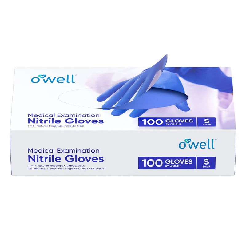 O'WELL Medical Examination Nitrile Gloves | XS-S-M-L-XL | 4mil, Finger Textured, Powder & Latex Free | Medical & Food Grade Small (100 Count) Blue