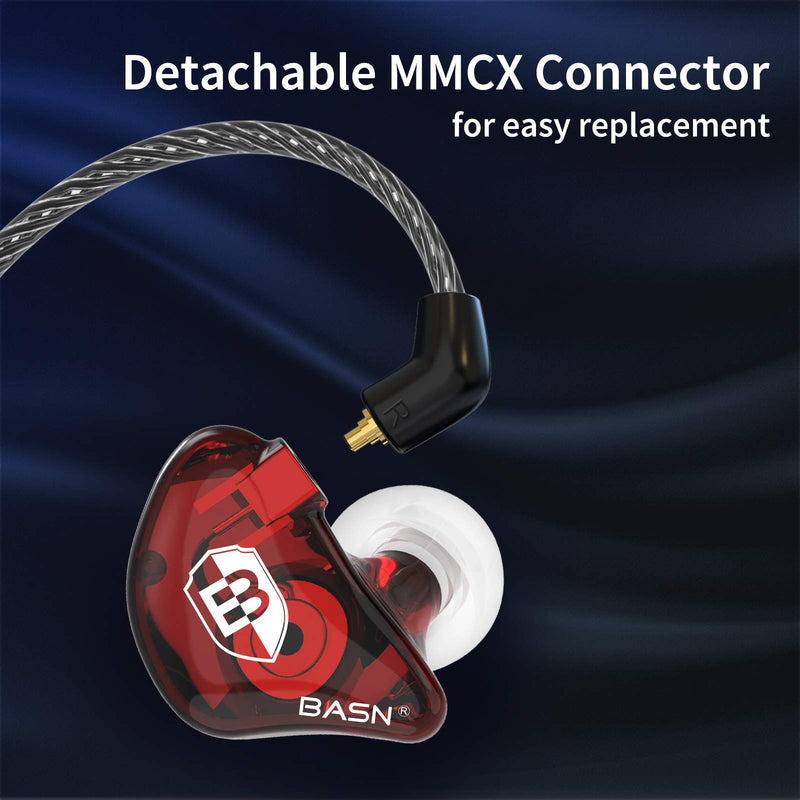 BASN Professional in Ear Monitor Headphones for Singers Drummers Musicians with MMCX Connector IEM Earphones (Lux Clear Red Blue)