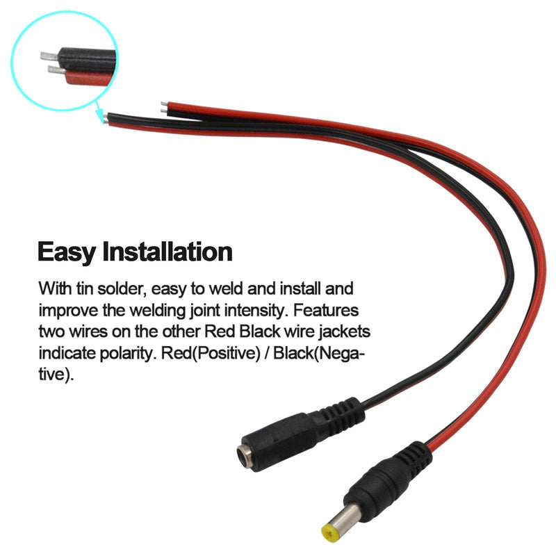 (Real 18AWG 43x2pcs Strands) 10 Pairs DC Power Pigtail Cable 12V 5A Male & Female + 10 Pairs DC Power Jack Plug Adapter Connector for CCTV Home Security Surveillance by MILAPEAK (2.1mm x 5.5mm)