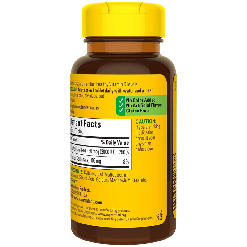 Nature Made Vitamin D3, 100 Tablets, Vitamin D 2000 IU (50 mcg) Helps Support Immune Health, Strong Bones and Teeth, & Muscle Function, 250% of the Daily Value for Vitamin D in One Daily Tablet 100 Count (Pack of 1)