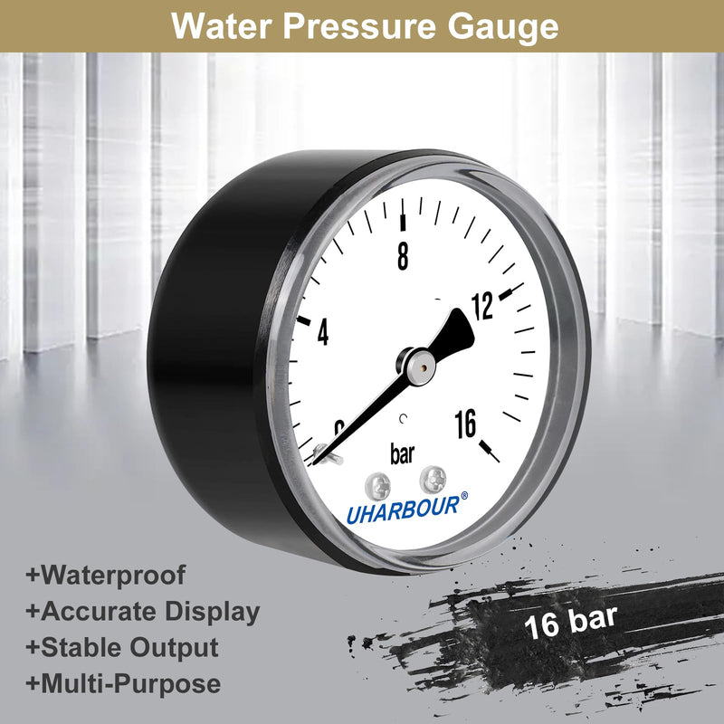 UHARBOUR pressure gauge water 0-16 bar, pressure gauge 1/4 inch, pressure gauge compressed air holder on the back, compressed air pressure gauge 1/4 BSP brass connection