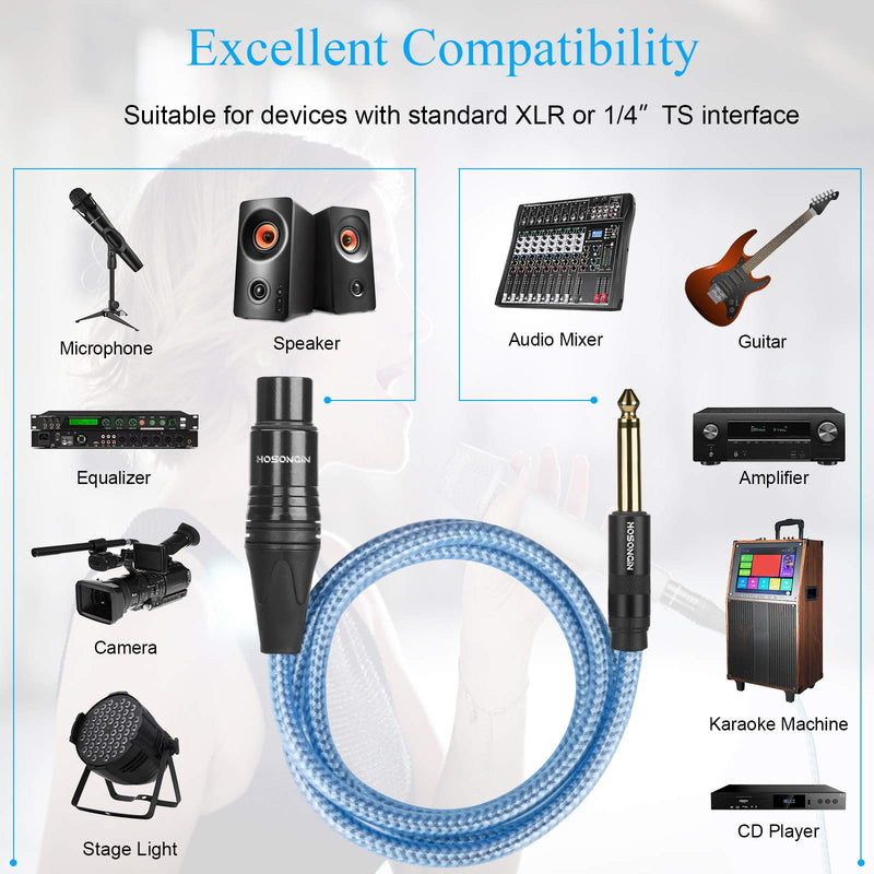XLR Female to 1/4 TS Unbalanced Microphone Cable, HOSONGIN Quarter inch (6.35mm) TS Mono Jack Unbalanced Interconnect Mic Cord - 1.6 Feet XLR Female - 1/4" Mono - Unbalanced