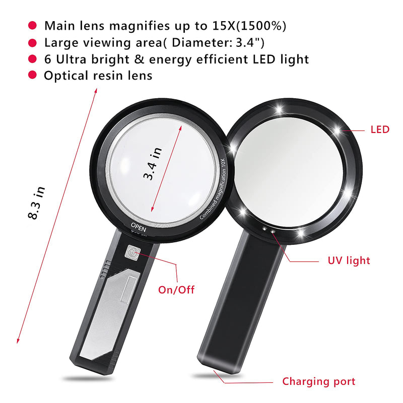 Magnifying Glass with Light, USB Rechargeable 5X 10X 15X Handheld Large Double Lens Loupe Magnifier with 8 Light for Macular Degeneration, Seniors Reading, Inspection, Map, Coins, Jewelry, Exploring