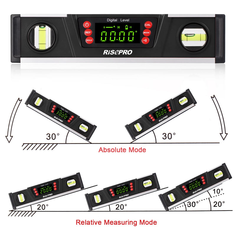 Digital Magnetic Spirit Level and Protractor - RISEPRO 10" IP54 Protected Electronic Bubble Inclinometer, Angle Finder, Gauge with Large VA Display and V-Groove Base DL135-B Black