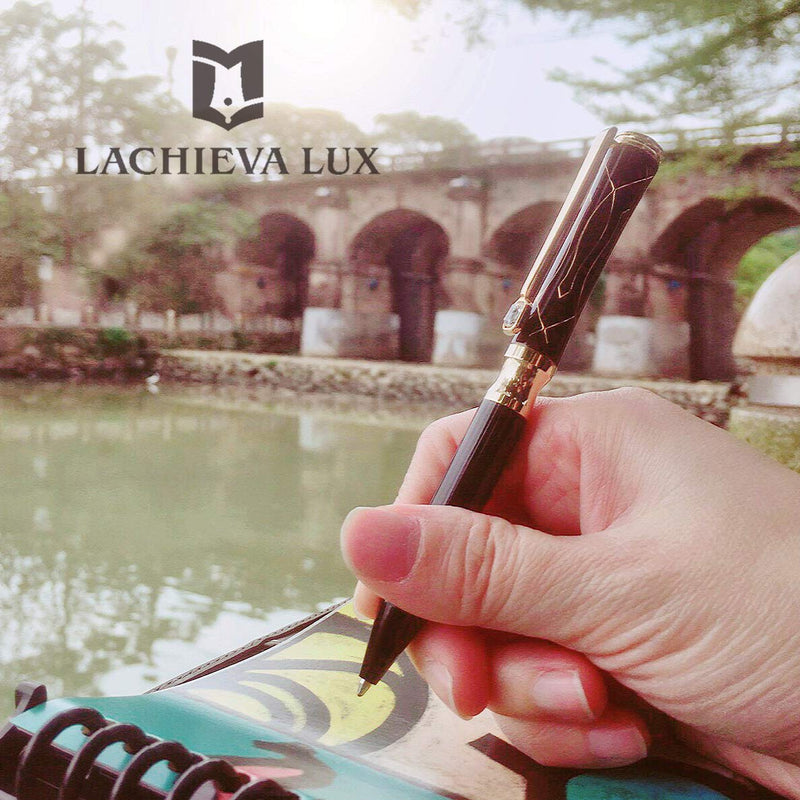 LACHIEVA LUX Nice Elegant Crystal Executive Metal Ballpoint Pen with Germany Schmidt P900M Refills (Black and Blue 2 Refills)-black Black/Gold Color 3