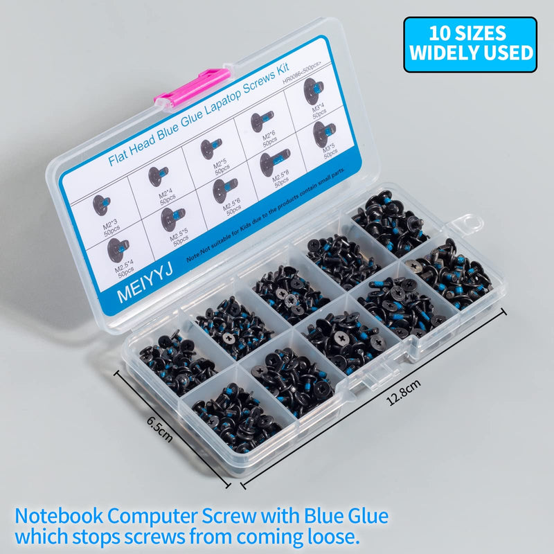 MEIYYJ Laptop Notebook Computer Replacement Screws Kit,Notebook Computer Screw with Blue Glue,PC Flat Head M2 M2.5 M3,Countersunk SSD Electronic Repair Accessories for Motherboard Fan Power Graphics 500PCS