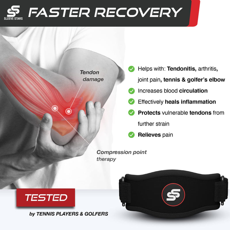 Sleeve Stars Tennis Elbow Brace for Men & Women, Tennis Elbow Strap & Tendonitis Arm Band, Counterforce Brace & Elbow Band for Tendon Relief & Support for Forearm w/ 3 Straps Fits 9-23" (Single/Black) 1 Black