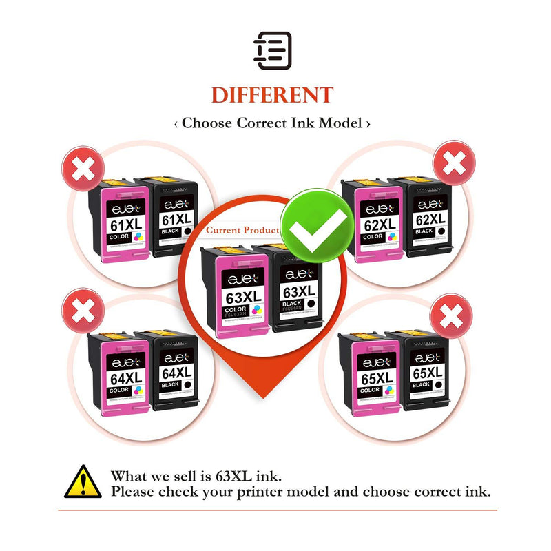 ejet Remanufactured Ink Cartridge Replacement for HP 63XL 63 XL to use with OfficeJet 3830 Envy 4520 4512 Officejet 4650 5255 Deskjet 1112 3634 3639 3632 Printer (1 Black, 1 Color)