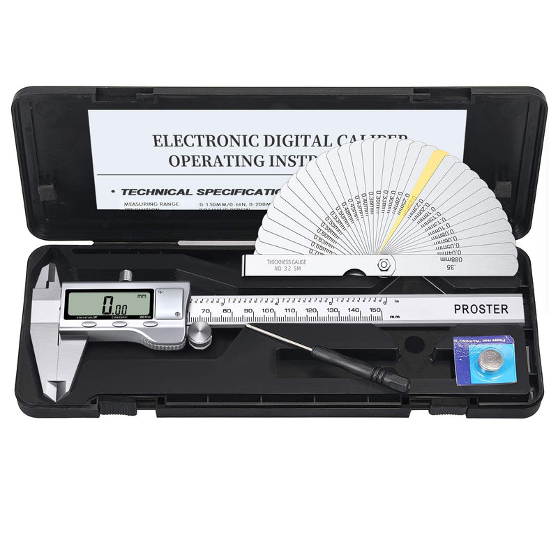 Proster Digital Vernier Caliper 6inch/150mm + 32 Feeler Gauges Dial Calipers Electronic Caliper Fractions/Inch/Metric Calipers Measuring Tool for Length Width Depth Inner/Outer Diameter 150 Mm/6 Inch