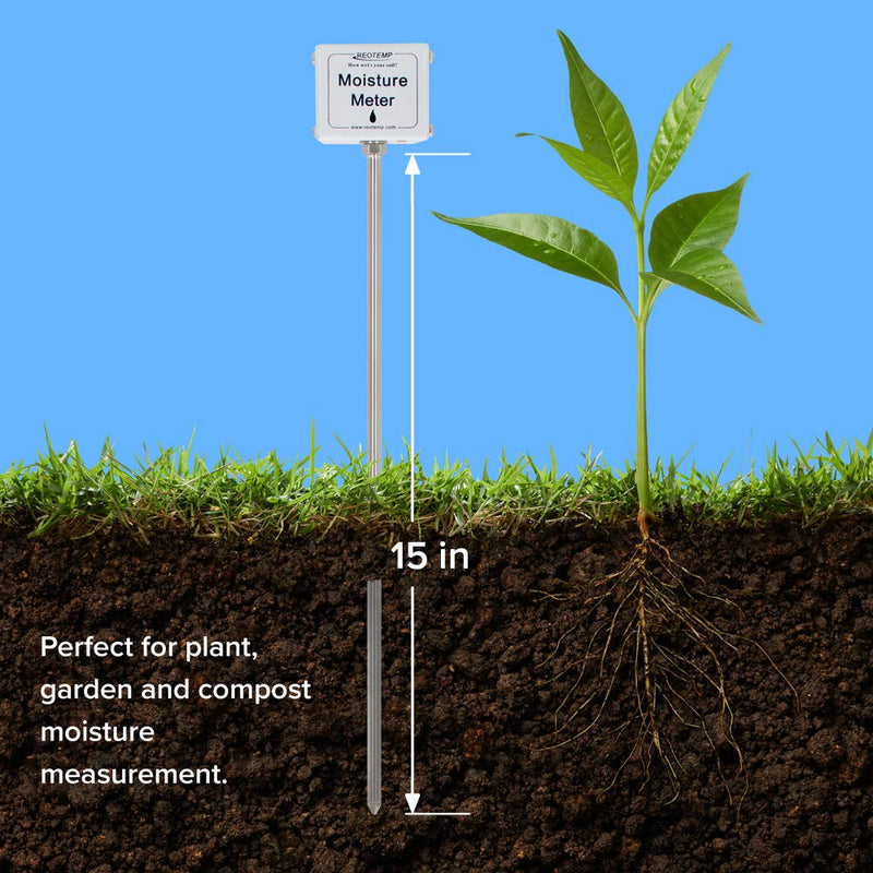REOTEMP Garden and Compost Moisture Meter (15 Inch Stem), Garden Tool Ideal for Soil, Plant, Farm and Lawn Moisture Testing 15 Inch Stem