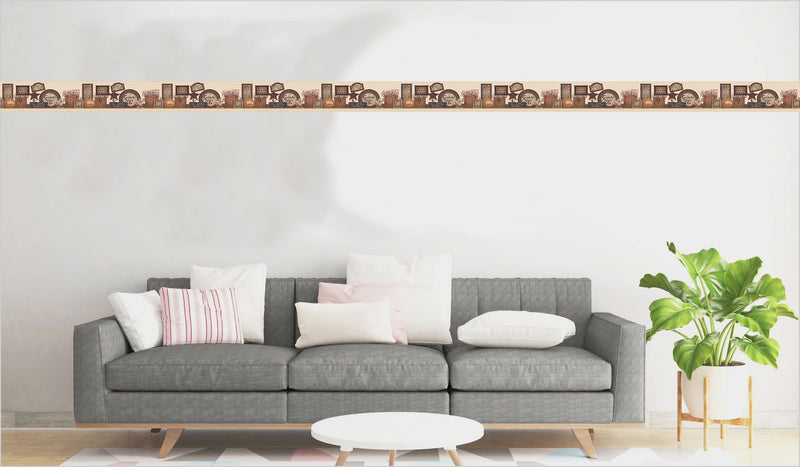 Dundee Deco DDAZBD9172 Peel and Stick Wallpaper Border - Country Brown Maroon Signs Wall Border Retro Design, 15 ft x 7 in (4.57m x 17.78cm), Self Adhesive
