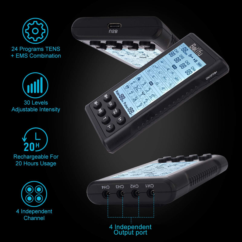 Belifu 4 Independent Channel TENS EMS Unit, 24 Modes,30 Level Intensity Muscle Stimulator Machine, Rechargeable Electric Pulse Massager with 10 Pads&5 Set Leads Wires, for Pain Relief Therapy Black