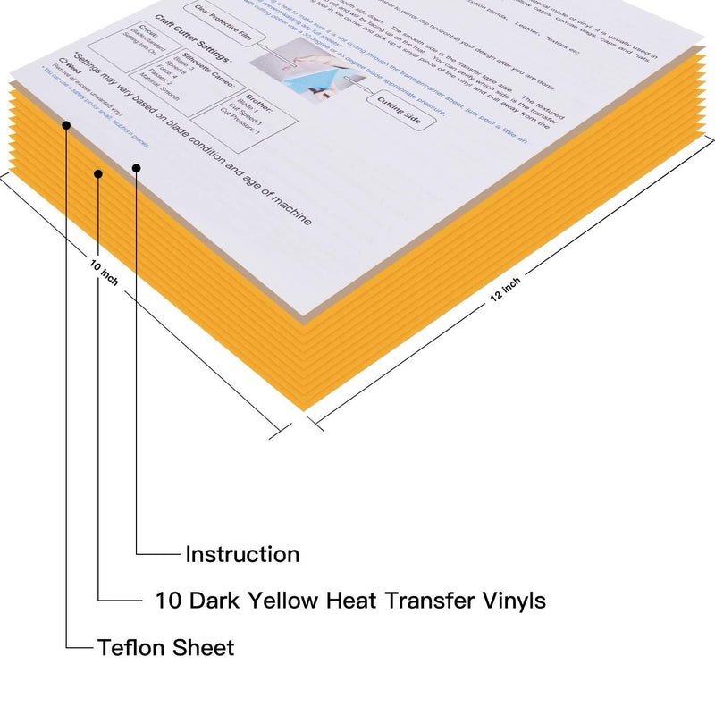 JANDJPACKAGING Heat Transfer Vinyl HTV for T-Shirts 12" x10” - Easy to Weed Iron on Vinyl for Cricut & Silhouette Cameo 10Pack Dark Yellow