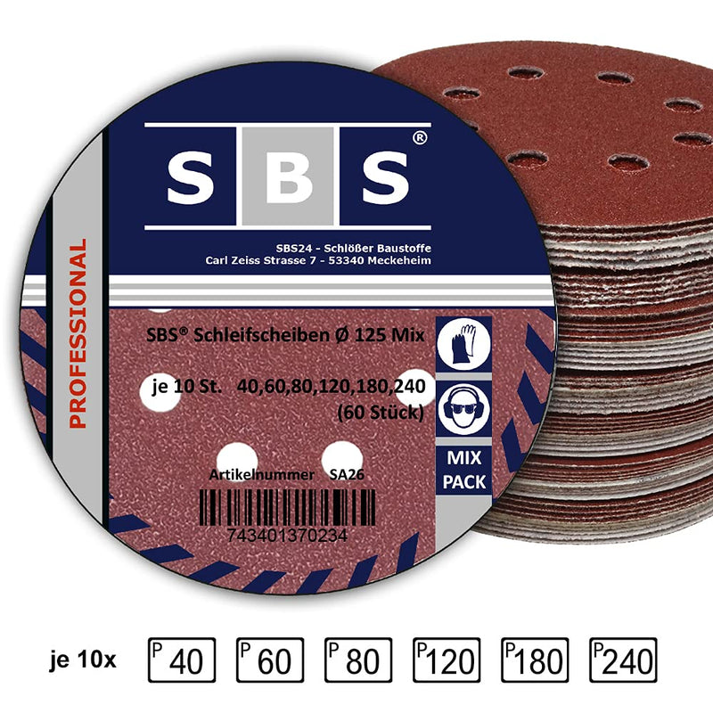 60 pieces | SBS® grinding wheels| Ø 125 mm | 8 hole | Grain size 10 x 40/60/80/120/180/240 each - eccentric sander