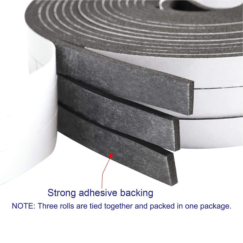 Foam Seal Tape-3 Rolls, 1/2 Inch Wide X 1/8 Inch Thick High Density Foam Strip Self Adhesive Neoprene Rubber Door Weather Stripping Insulation Foam Window Seal Total 50 Feet Long （16.5ft x 3 Rolls） 1/2in * 1/8in * 50FT