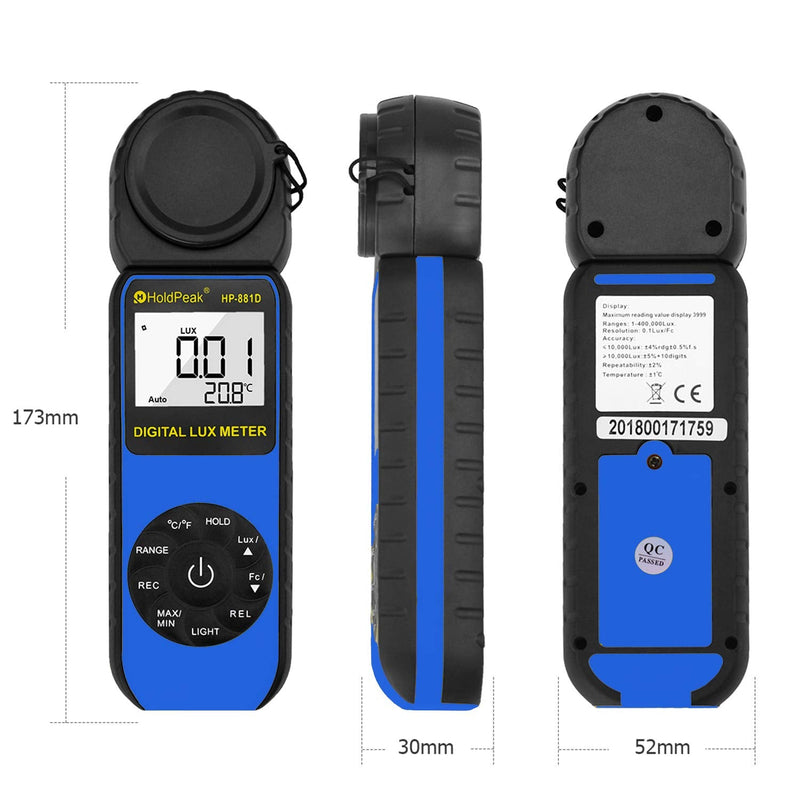 Light Meter HOLDPEAK HP-881D Digital Photographic Light Meters 0.01-400,000 Lux /1-40,000 FC 270° Rotatable Detector for Photography LED Lights Plants Lumen Meter Z-HP-881D-BLUE(0.01-400,000 Lux /1-40,000 FC)