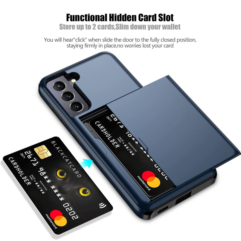 Nvollnoe for Samsung S21 FE Case with Card Holder Dual Layer Heavy Duty Protective Galaxy S21 FE Case Hidden Card Slot Slim Wallet Case for Samsung S21 FE 5G 6.4''(Blue) Blue