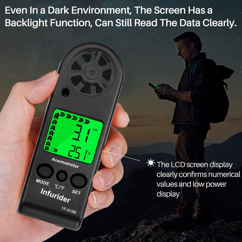INFURIDER Wind Gauge, Digital Anemometer Handheld Wind Gauge Wind Speed Meter Gauge Air Flow Speed for Wind Speed Gauge Air Temperature with Backlight Chill MAX AVG 1PCS