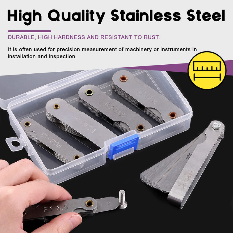 Swpeet 6Pcs 5 Sizes R0.3-1.5/ R1-6.5/ R7-14.5/ R15-25/ R26-80 Stainless Steel Radius Gauge with Feeler Gauge Kit, 5 Sizes Metric and Imperial Arc Fillet Concave Convex Gap Measuring Tool