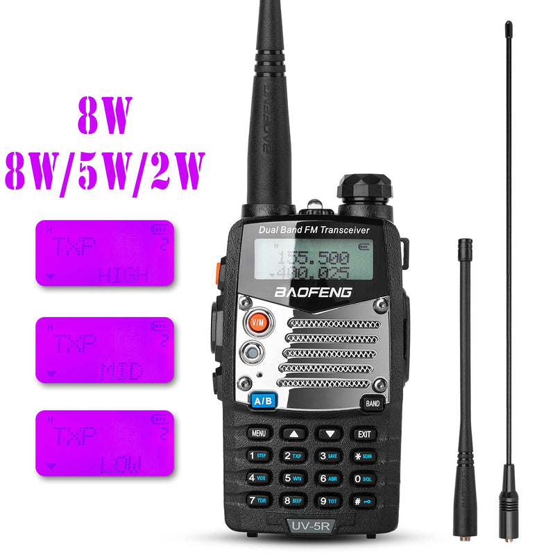 BaoFeng UV-5R 8W Ham Radio Walkie Talkie Dual Band 2-Way Radio with an Extra 3800mAh Battery Handheld Walkie Talkies with Baofeng Hand Mic and Programming Cable 1 Pack