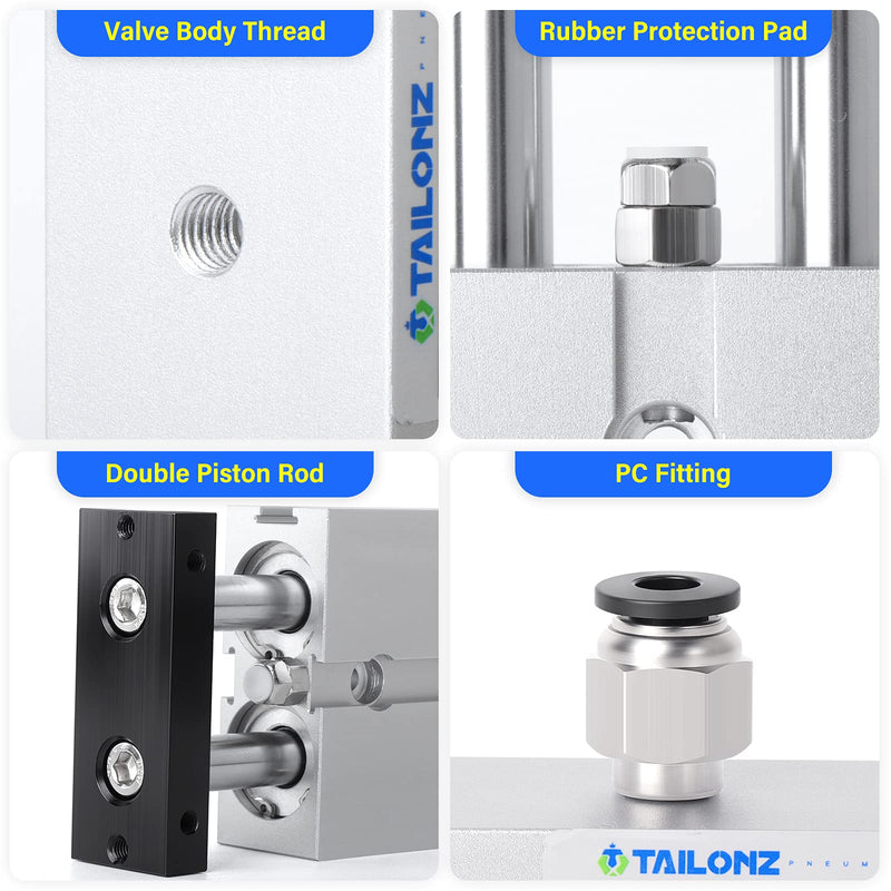 TAILONZ PNEUMATIC 10mm Bore 50mm Stroke Double-Rod Double-Acting Aluminum Pneumatic Air Cylinder TN10-50 Bore:10mm Stroke:50MM