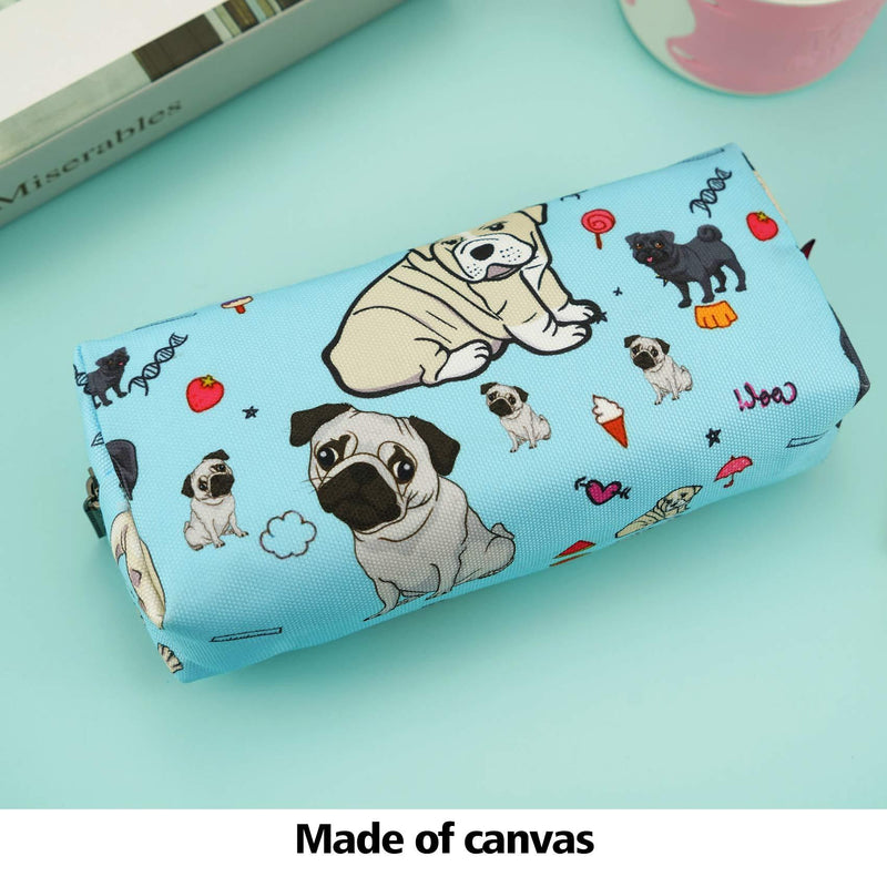 LParkin Cute Pug Dog Canvas Pencil Case Canvas Pen Bag Gadget Pouch Stationary Case Makeup Cosmetic Bag Box Blue