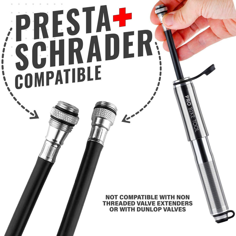 PRO BIKE TOOL Mini Bike Pump Classic Edition - Fits Presta and Schrader valves Titanium