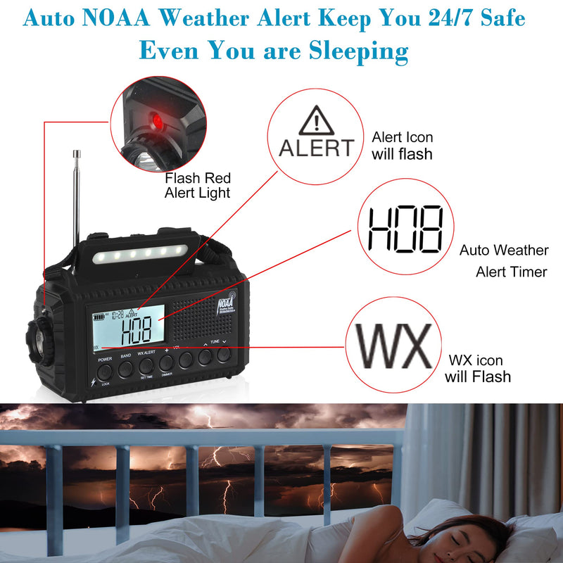 Auto NOAA Digital 5000 Weather Radio with Backlit LCD Screen, 5 Way Powered Solar Hand Crank Portable AM/FM/Shortwave Emergency Radio/Phone Charger,Read Lamp/Camping Flashlight,Earbud Jack,Clock,SOS Black(5000,Auto Alert,LCD Display)