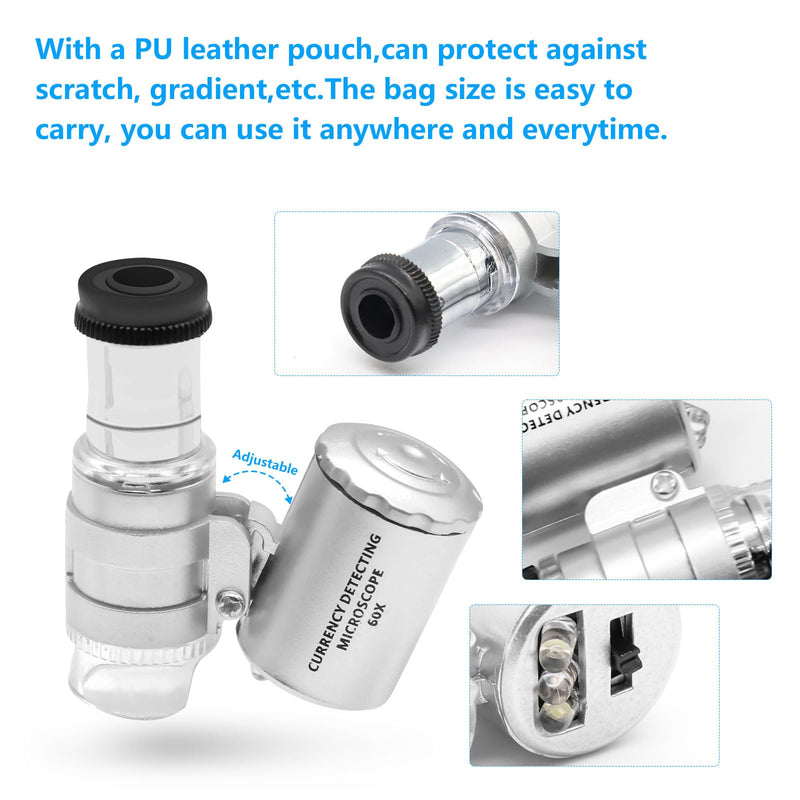 APKLVSR Mini 60X LED Microscope, 60x Mini Pocket Microscope, Mini Microscope, Pocket Microscope Magnifying Glass Microscope for Jeweler Adjustable Magnifying Glass with UV Light