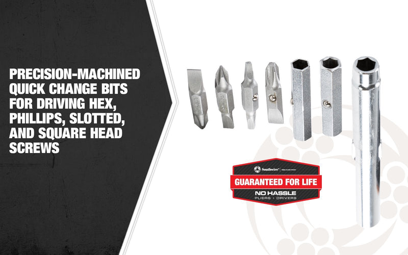 Southwire Tools & Equipment 59723940 12-In-1 Multi-Bit Screwdriver, Interchangeable Bits, Comfort Grip Handle, hex 1/4", 5/16", 3/8"; Phillips #1,2,3; slotted SL4-5,SL6-8,sl8-10, and square #1,2