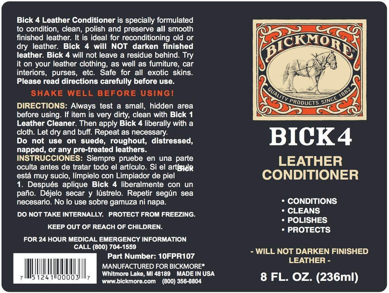 Bickmore Bick 4 Leather Conditioner 8 oz - Best Since 1882 - Cleaner & Conditioner - Restore Polish & Protect All Smooth Finished Leathers