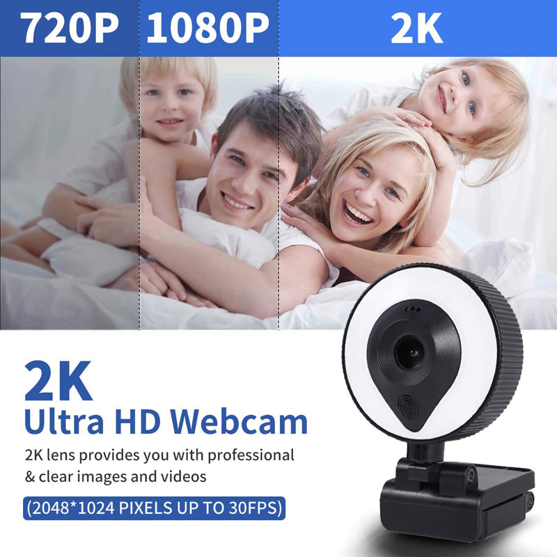 2K Webcam with Ring Light Microphone HD Streaming Webcam AutoFocus with Tripod Adjustable Brightness for PC Video Conference/Call/Teaching/Gaming Laptop/Desktop Mac Zoom/Skype