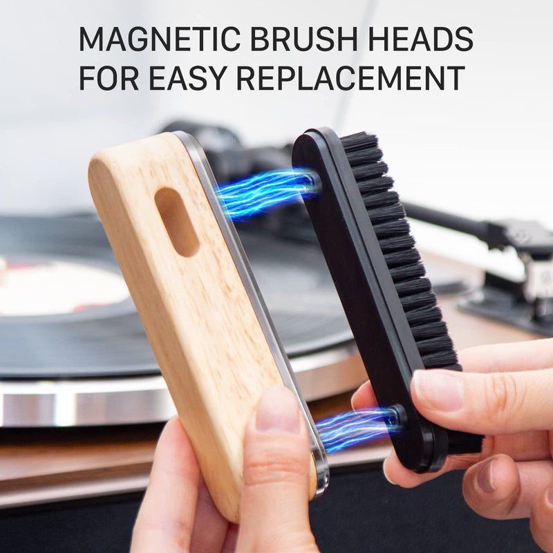 1 BY ONE Vinyl Record Cleaner Brush, Anti-Static Clean Brush for LP, Record Cleaning with Velvet & Soft Fiber Record Brush, Interchangeable Magnetic Brush Heads