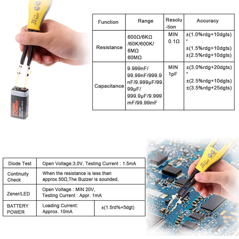 HoldPeak Digital Smart SMD Tester 6000 Counts HP-990C DMM Handheld Resistance Capacitance Tester,Digital Multimeter Auto Scan with Spare Test Pins (Battery Included) 1-990C Handheld SMD METER