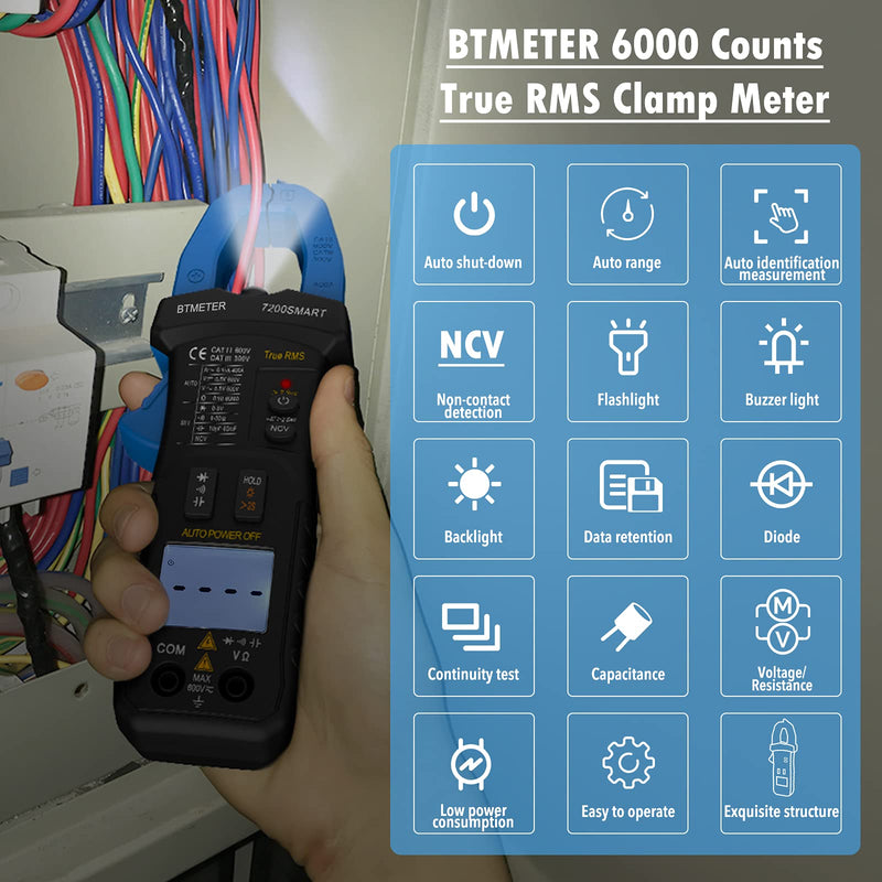 BTMETER Digital Clamp Multimeter BT-7200Smart,TRMS 6000 Counts Clamp-on Avometer AC&DC Voltage Current DMM Test Meter,Auto Range Ammeter Measure Resistance Capacitance Diode Continuity NCV with Lamp