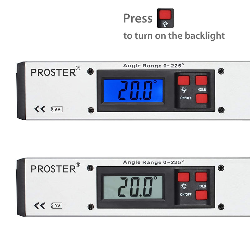 Proster 0-225° Digital Angle Finder LCD Protractor Angle Gauges Spirit Level 400mm/16 inch Vertical Horizontal Dual Spirit Level for Carpenter Woodworking Home Decoration white