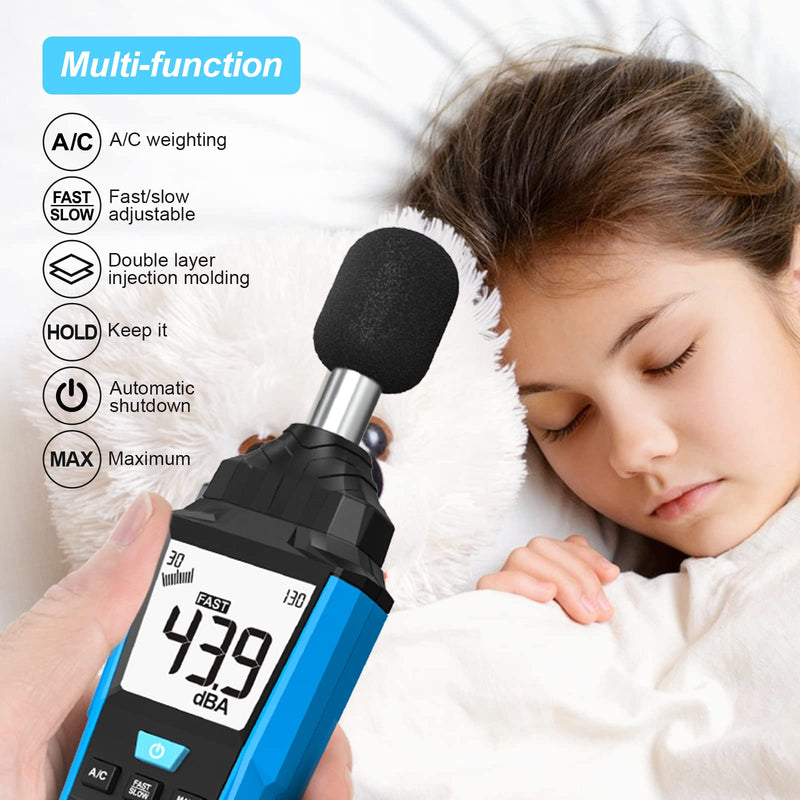 Decibel meter, MESTEK sound level meter, portable db meter, 30 dB to 130 dB, A/C weighted LCD display, can be used in private households, factories and streets