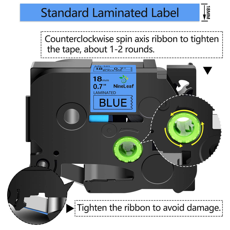 NineLeaf 2PK Black on Blue Laminated Label Tape Compatible for Brother P-Touch 18mm 3/4'' TZe541 TZe 541 TZ 541 TZ541 26.2ft PT-D400 PT-D600 PT-E300 PT-E500 PT-H300 Label Makers Printers