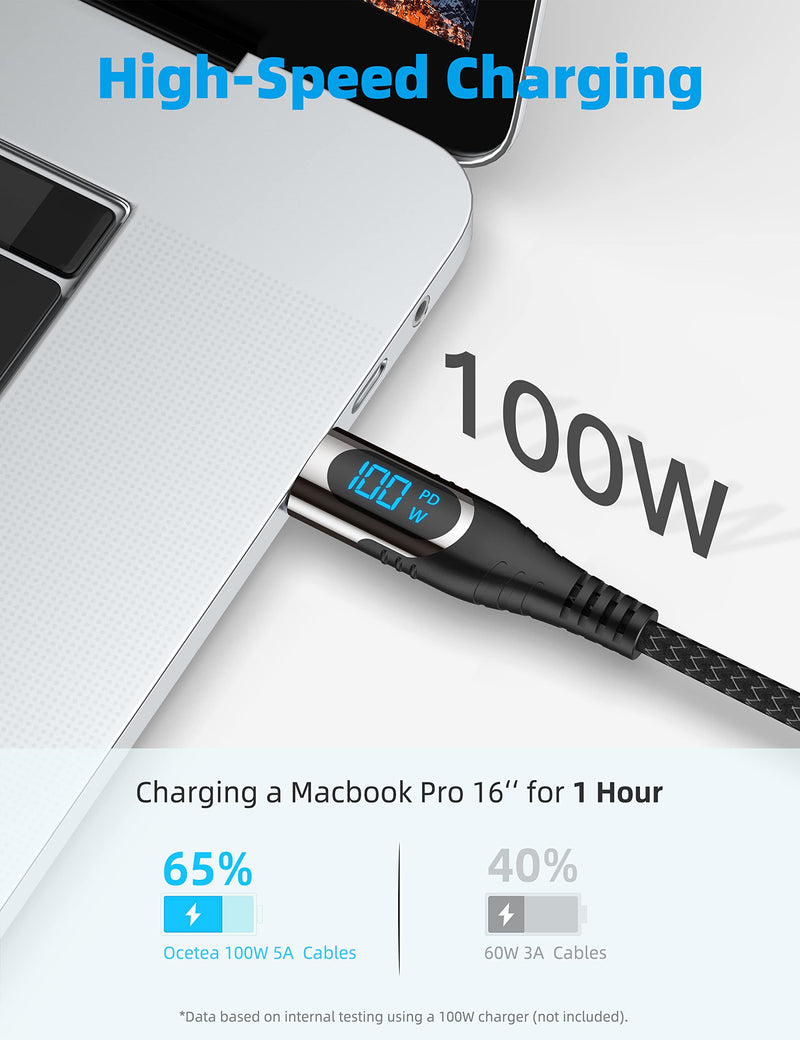 Ocetea 100W USB C to USB C cable, 1M 5A fast charging cable PD QC5.0 with LED display, compatible with iPhone 15/15 Pro/15 Pro Max MacBook Pro Air iPad Pro Air Galaxy S23 S22 Pixel Switch Black