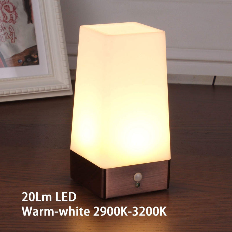 WRalwaysLX 3 Modes Battery Powered Small Table Lamp,Bedside Lamp Wireless PIR Motion Sensor LED Night Light,USE 3x1.5VAAA Battery,Sensitive Portable Moving Lamp for Kids Room,Hallway,Bedroom Square Bronze