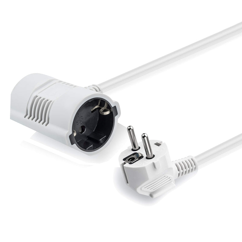 MutecPower 5 meter extension cable with 2-way Schuko double sockets - angled EU extension IP20 protective contact plugs and couplings - up to 250V 50Hz 16A - 5m white, male-female